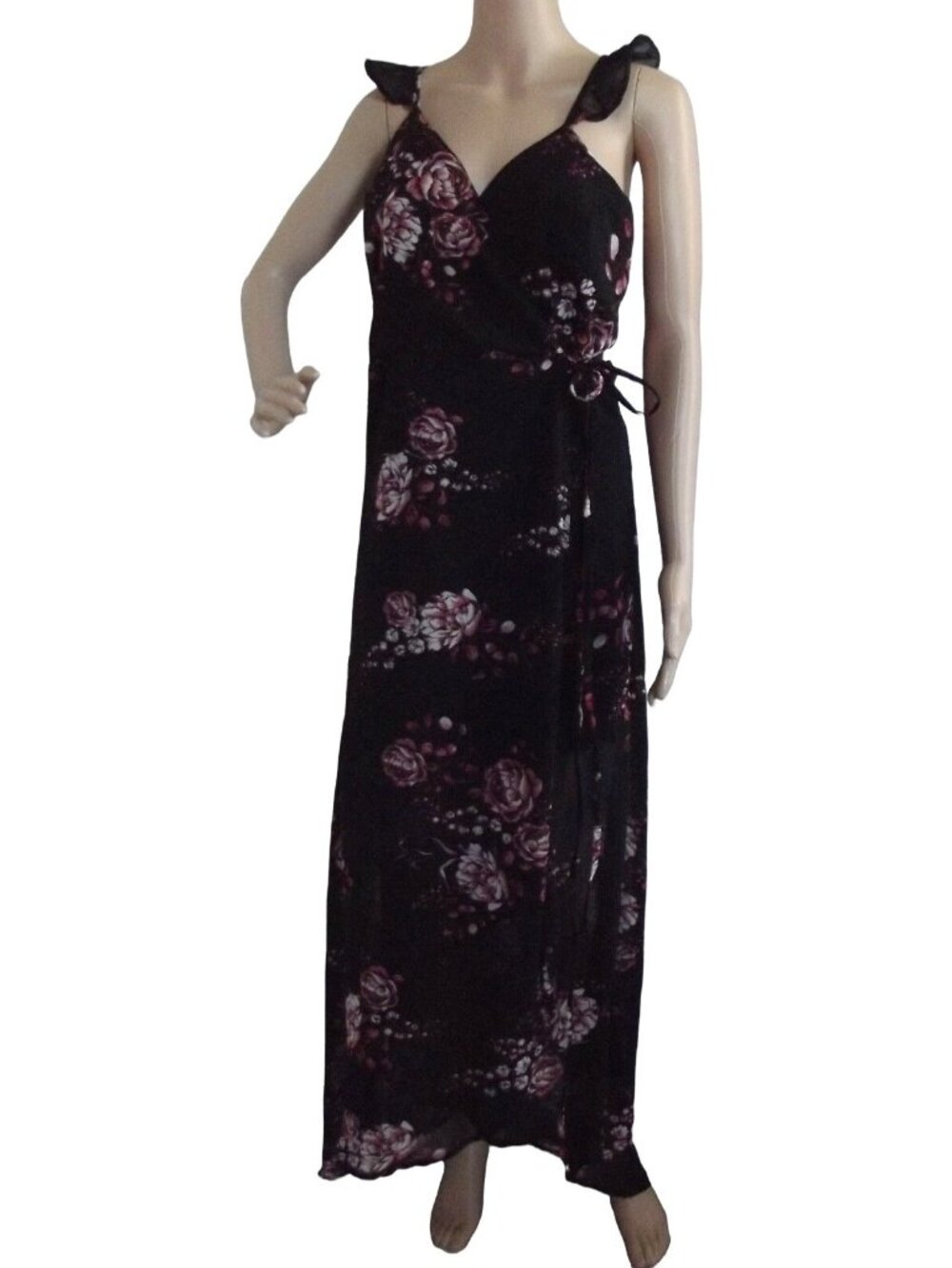 Marisol Maxi Dress Womens Large Black Coral Red Floral Wrap long sleeveless